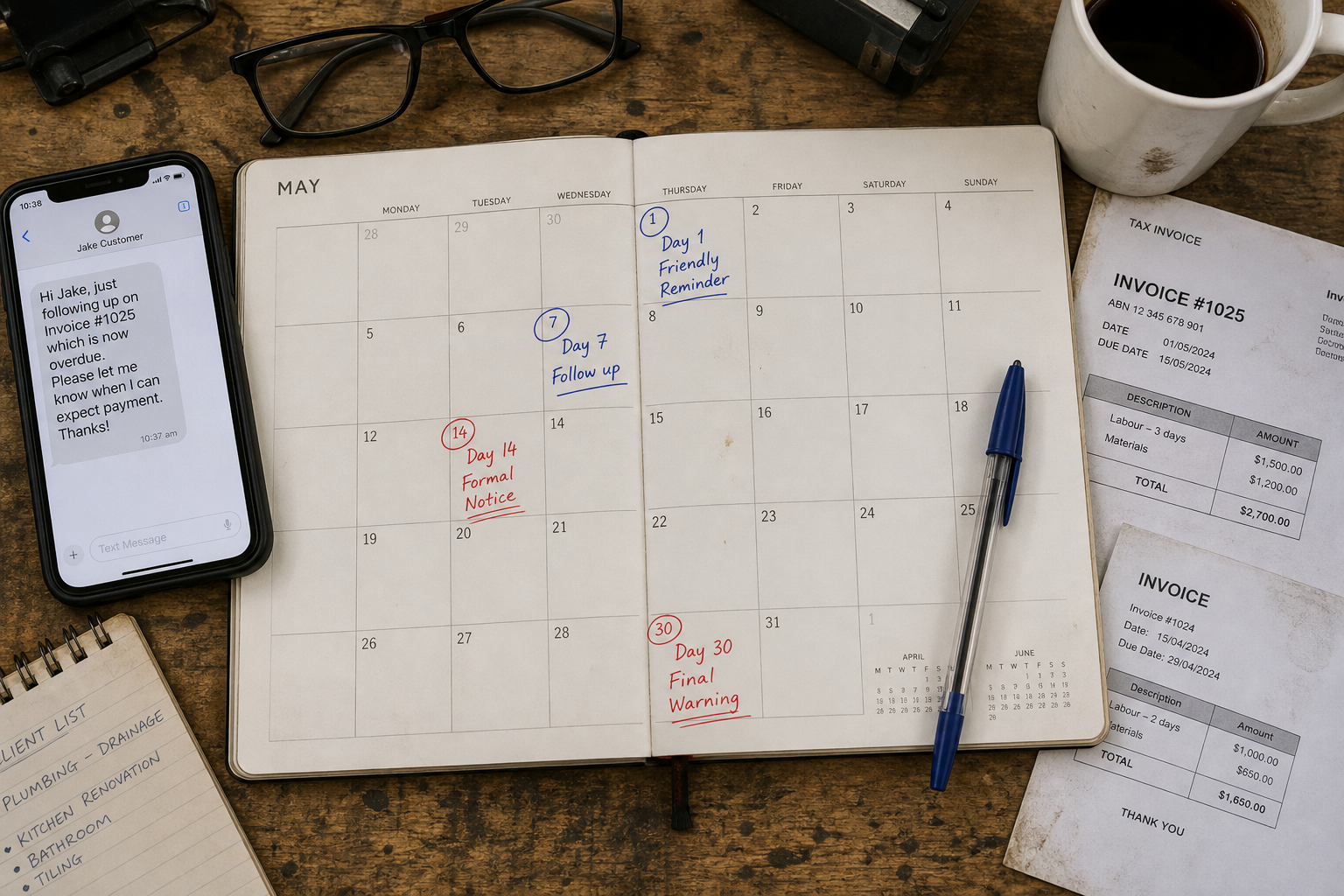 Flat-lay of a tradie's desk with a calendar showing payment follow-up dates circled, invoices, phone and coffee