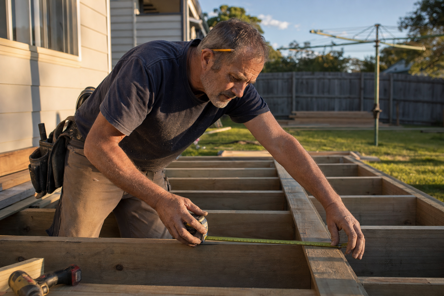 Australian tradesman measuring deck joists on a residential build