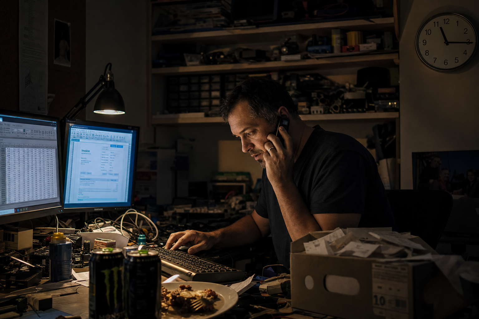 Australian tradesman sitting at a messy desk surrounded by invoices, receipts and a laptop, looking overwhelmed by business paperwork